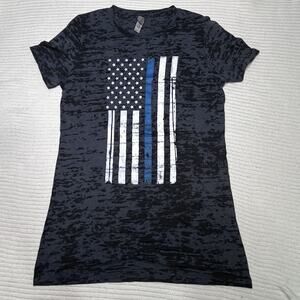 Police Law Enforcement Women’s TShirt LG Thin Blue Line Tattered American Flag